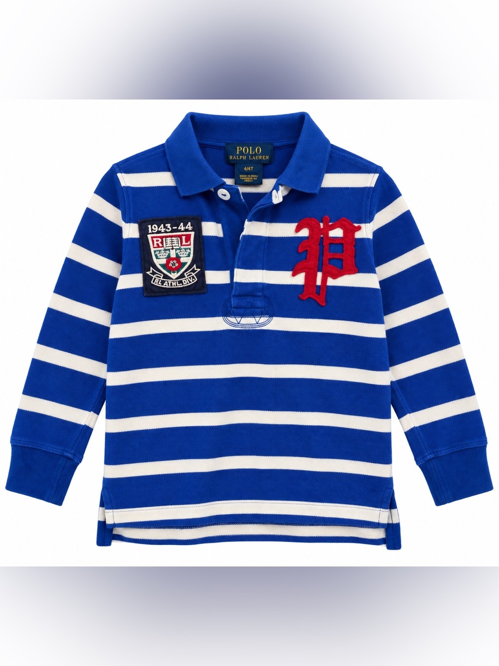Polo Ralph Lauren Boys 4T Rugby Shirt Blue White Striped Crest Patch Long Sleeve